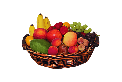 Personal Indulgence Fruit Basket: A vibrant fruit basket filled with fresh, juicy fruits, perfect for personal enjoyment, displayed on a kitchen countertop.