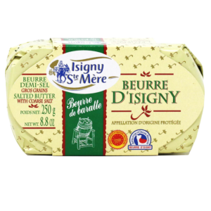 Isigny Sainte Mere Salted Butter 250g – Premium French butter with a rich golden-yellow color and subtle hazelnut flavor, available at 5280 Gourmet.