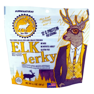 Pearson Ranch Elk Jerky in a 2oz resealable package, featuring lean, flavorful elk meat strips seasoned with a savory spice blend, perfect for a protein-rich snack.